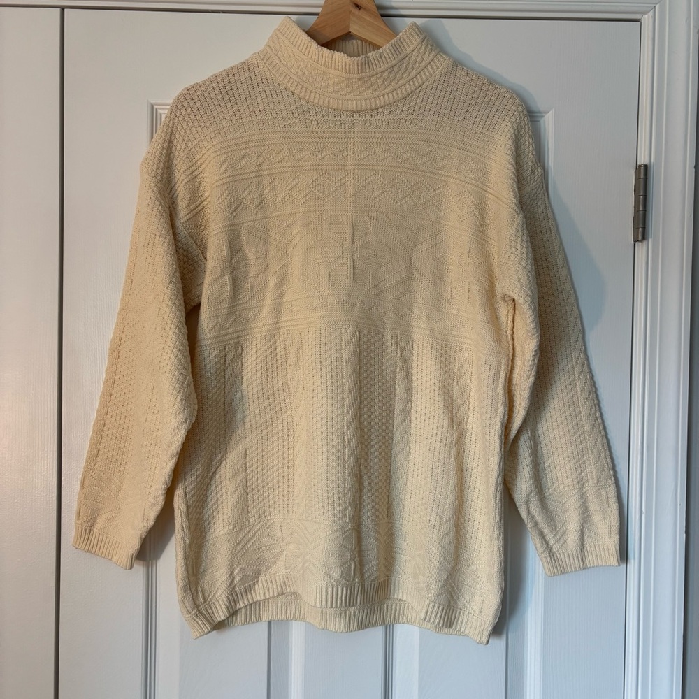 Vintage Jennifer Moore Cream Cable Knit Fisherman Mock Neck Sweater Chunky M